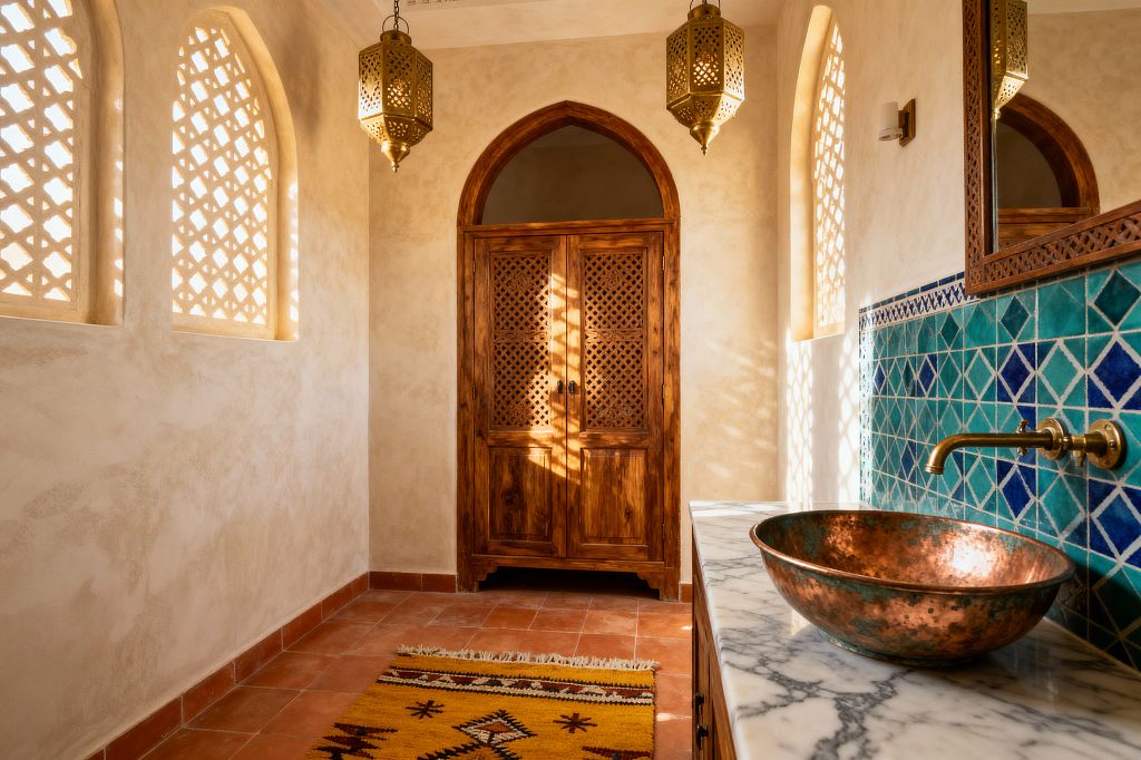 Warm Moroccan kitchen with tadelakt plaster walls, arched lattice windows, and a central arched wooden door. Two brass pendant lanterns hang overhead. At right, a marble countertop holds a hammered copper bowl sink with a wall-mounted brass spout, backed by turquoise and cobalt diamond-pattern zellige tile. The floor is terracotta tile with a saffron Berber-style rug, and patterned light filters through the screens.