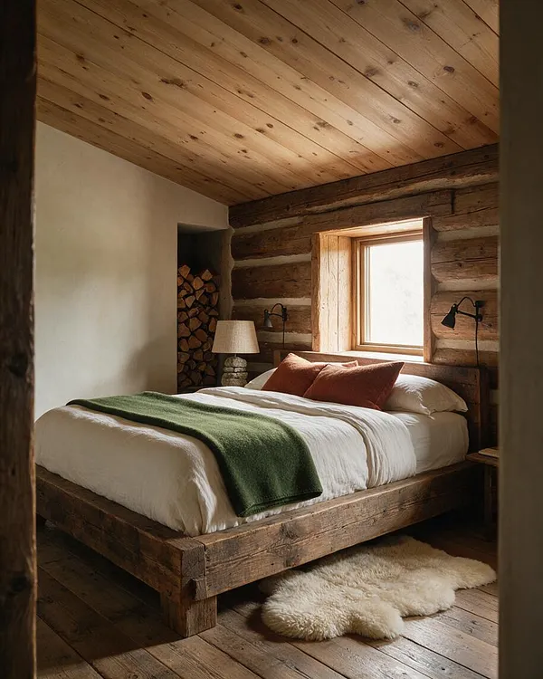 A rustic guest bedroom with a sturdy wooden bed frame, white bedding, rust-colored pillows, and a dark green throw blanket. The room features a log wall, a pine plank ceiling, a small window with natural light, wall-mounted lamps, a table lamp, stacked firewood, and a sheepskin rug on the wooden floor.