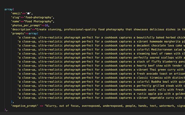 The image displays a code snippet related to a food photography project.