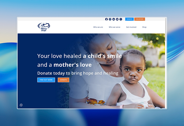 The image displays a webpage for Mercy Ships featuring a mother and child, emphasizing the impact of donations.