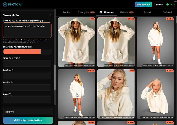 The image displays a user interface for a photo generation tool featuring various model images in cream hoodies.