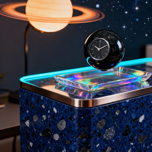 Close-up of a home office vignette in a Cosmic Chic theme: a cobalt-blue terrazzo desk with brushed champagne edging and a cyan LED perimeter, topped by an iridescent glass tray. Above it hovers a glossy black spherical clock, and to the side a ringed planet lamp casts warm amber light against a dark, starry wall, mixing cool neon glow with celestial motifs.