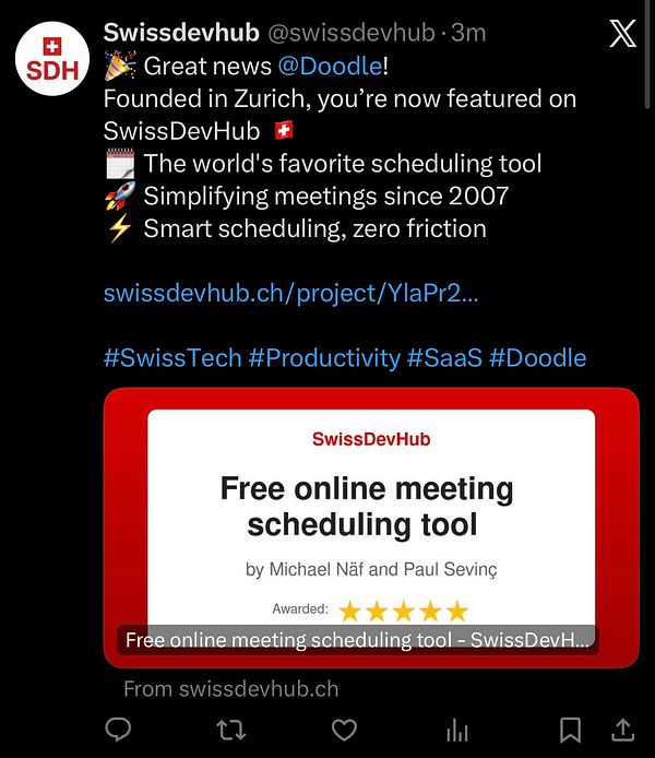A promotional tweet for Doodle, highlighting its features and recognition on SwissDevHub.