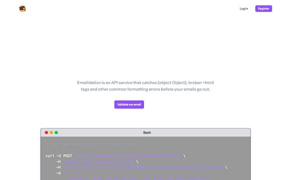 The image displays a webpage for an email validation API service with a code snippet for a cURL command.