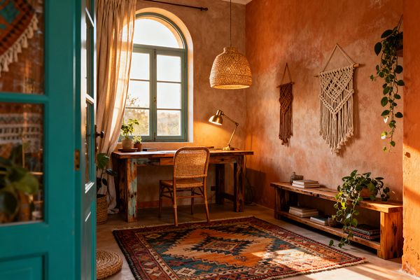 A bohemian home office with terracotta plaster walls, an arched window with teal trim, and a rustic reclaimed-wood desk. A rattan chair and brass task lamp sit beneath a woven rattan pendant. Two macramé wall hangings and trailing plants add texture above a long wooden bench with books. A patterned kilim rug grounds the space, while sheer linen curtains diffuse warm sunlight and a teal door frames the view.