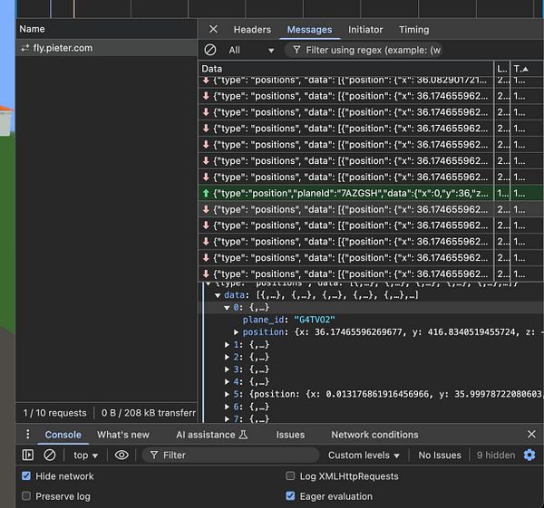 The image displays a console log from a web development tool showing data related to a Python server.