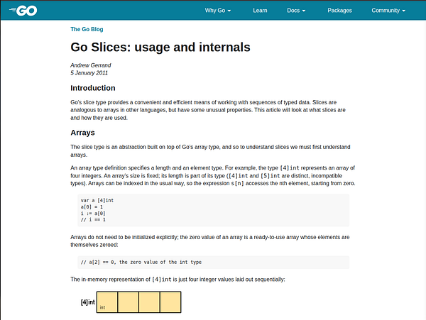 The image displays a blog post titled 'Go Slices: usage and internals' that discusses the Go programming language's slice type and its relationship with arrays.