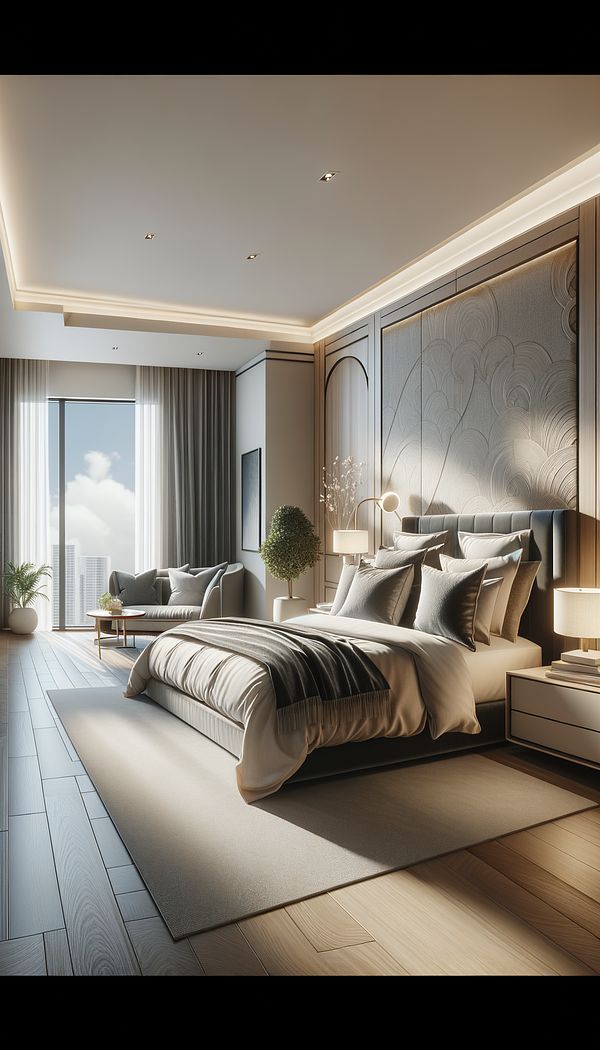 A spacious and well-lit primary bedroom with a large bed, luxurious bedding, and a small sitting area by a window, showcasing a serene and personalized interior design style.