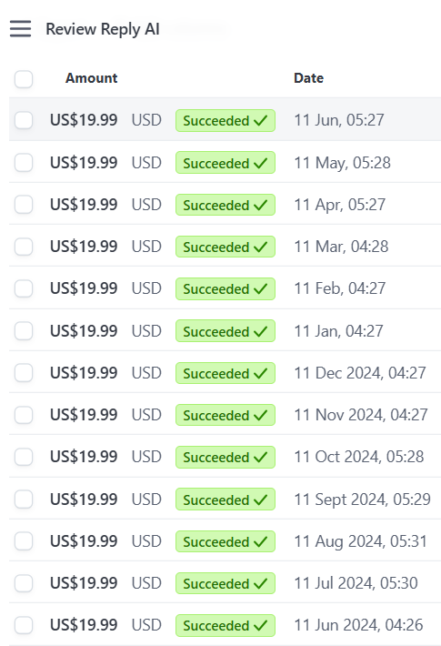 A transaction history for the Review Reply AI Chrome extension showing successful payments.