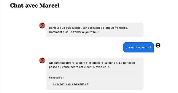 A chat interface featuring a conversation with Marcel, a French language assistant.