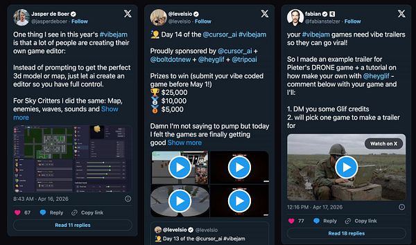 Screenshot of a Twitter interface showing a search result for the hashtag #vibejam with several tweets and options on the screen.
