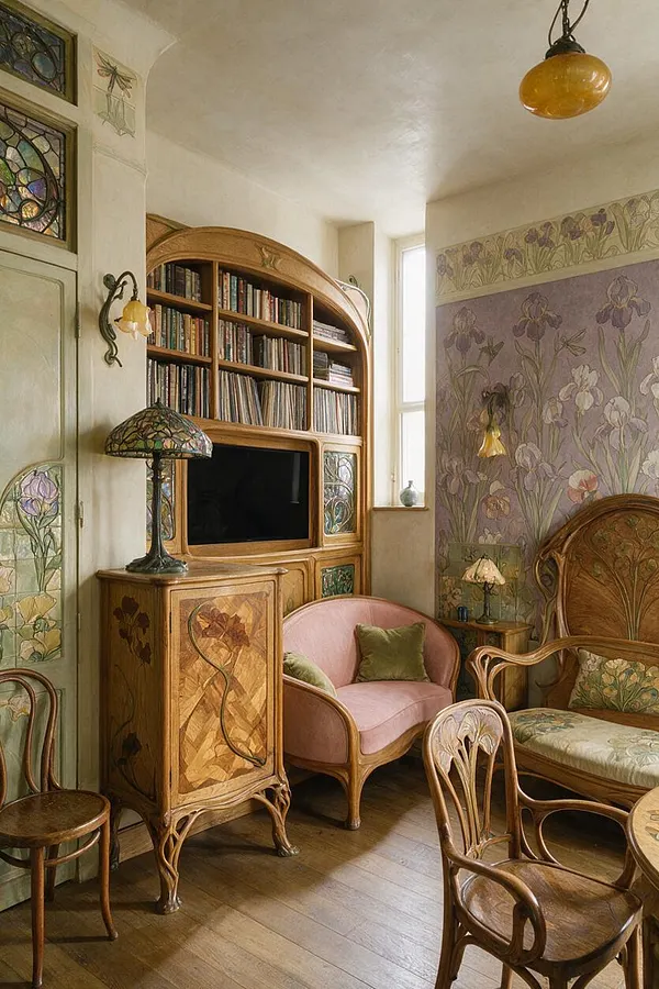 A cozy Art Nouveau living room with curved wooden cabinetry, a built-in bookcase, and stained-glass details around a central television. Floral wall murals and pastel upholstered seating create a romantic atmosphere, while carved wood chairs, a decorative table lamp, and warm hardwood floors complete the room.