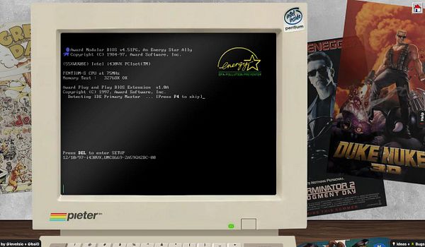 A vintage computer monitor displays a BIOS screen with various technical details, surrounded by retro posters.