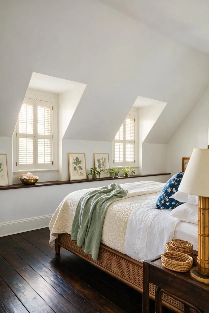 A bright tropical-style master bedroom with white sloped ceilings, shuttered windows, and dark wood floors. The bed features crisp white bedding, a soft sage throw, and a woven rattan frame, with bamboo and wicker accents adding natural texture.