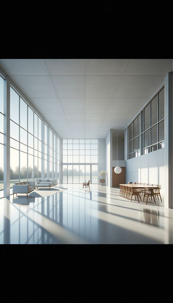 an open, airy room with large windows, minimal furniture, and clean lines, embodying the principles of the International Style