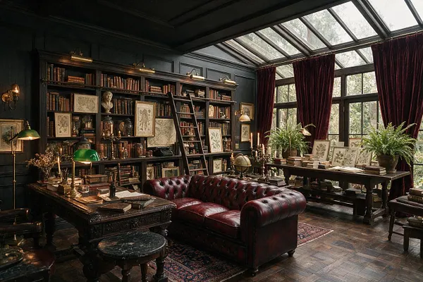 A dark academia sunroom with a glass سقathedral-style ceiling, deep burgundy velvet curtains, and tall black-framed windows filling the room with diffused daylight. The space features dark built-in bookshelves packed with books and art, a tufted burgundy leather sofa, carved dark wood desks, brass lamps, framed botanical prints, and lush potted ferns.