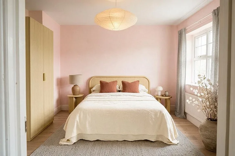 An Organic Modern bedroom in the Blush and Clay palette: blush, cream, clay, pale oak, and mushroom