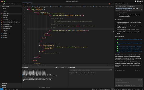 The image displays a code editor interface showing the default.hbs file of a Ghost blog theme, with a focus on pagination implementation.