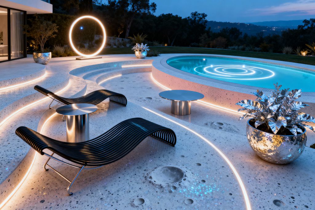 A futuristic patio at dusk features curved terrazzo steps with warm-white LED strips, leading to a round pool glowing with concentric light rings. Two black slatted metal chaise lounges and brushed stainless drum tables sit on a speckled, crater-like surface, while mirrored planters with metallic foliage and a freestanding halo light sculpture enhance the celestial theme against a backdrop of lawn, trees, and distant hills.