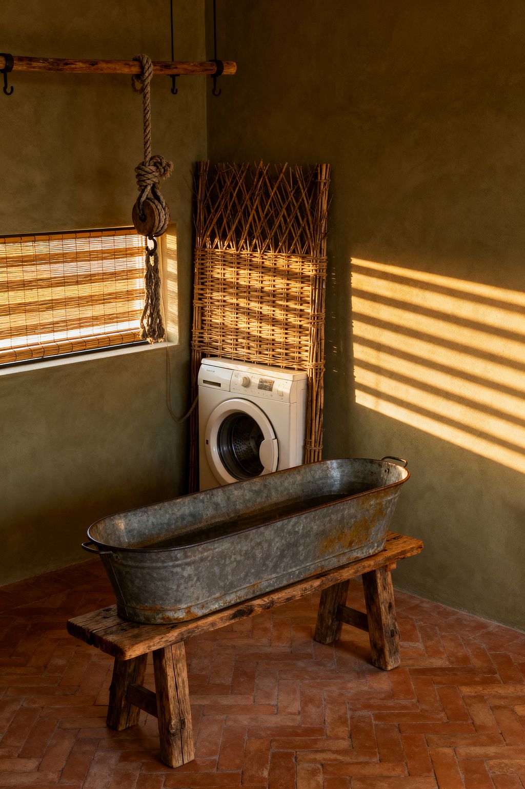An intimate laundry room with earthy finishes shows a galvanized metal trough resting on a rough reclaimed-wood bench in the foreground. A front-loading white washing machine sits in the back corner, partially framed by a woven rattan panel. Olive-green plaster walls and a terracotta herringbone floor set a warm backdrop. Bamboo roll-up blinds cover a small window, casting slatted sunlight across the room. A wooden rod with a rope-and-pulley hangs above on black metal hooks.