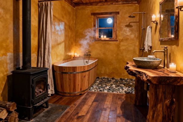 A rustic bathroom with golden plaster walls features a cedar soaking tub set into a bed of smooth river stones, a rainfall shower with exposed brass fittings, and a live-edge wood vanity with a stone vessel sink. A black wood-burning stove, wide-plank wood floors, linen curtain, wall candles, and a small window showing a full moon create a warm, intimate atmosphere with steam rising from the bath.