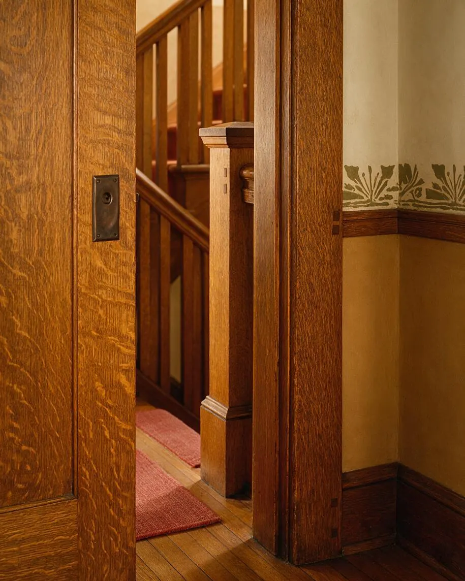 A close view of a Craftsman-style interior shows a stained oak doorframe and staircase with square wood balusters, a substantial newel post, and polished hardwood floors. The wall features a muted cream tone with a decorative green stencil border above dark wood trim, creating a warm, handcrafted look.