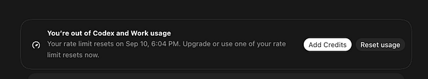 Screenshot of a Codex usage quota showing 0 remaining quota.