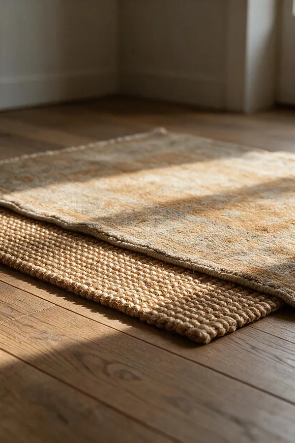 A close-up of two layered area rugs on a sunlit hardwood floor. The top rug has a soft, faded pattern in beige, cream, and muted gold, while the bottom rug is a chunky woven natural fiber in warm tan tones.