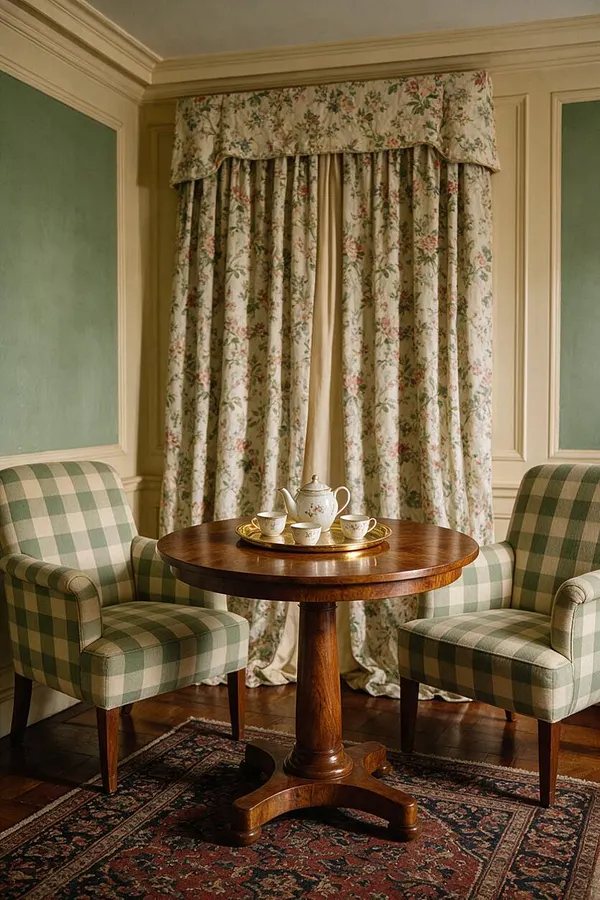 A traditional sitting nook with two green plaid armchairs facing a round polished wood pedestal table. Behind them are cream floral curtains with a matching valance, framed by sage green wall panels and cream trim, with a patterned red-and-navy rug underfoot. A porcelain tea set sits centered on a brass tray, creating a formal, cozy atmosphere.