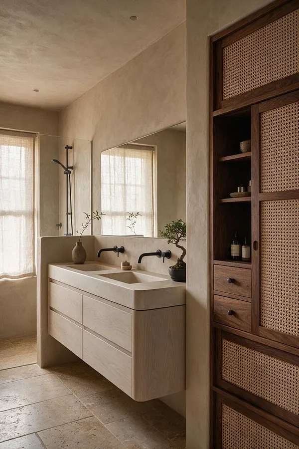 A serene master bathroom in Japandi style features a floating light wood double vanity with a stone-like countertop, matte black wall faucets, and a large mirror reflecting sheer-curtained windows. To the right, a tall dark wood cabinet with cane-front doors and open shelves adds texture and storage, while the room is finished in soft beige plaster and warm stone flooring.