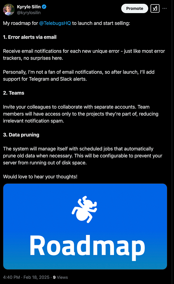 A roadmap for TelebugsHQ detailing key features and updates.