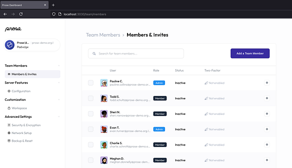 The image displays a user interface for managing team members in the Prose dashboard.