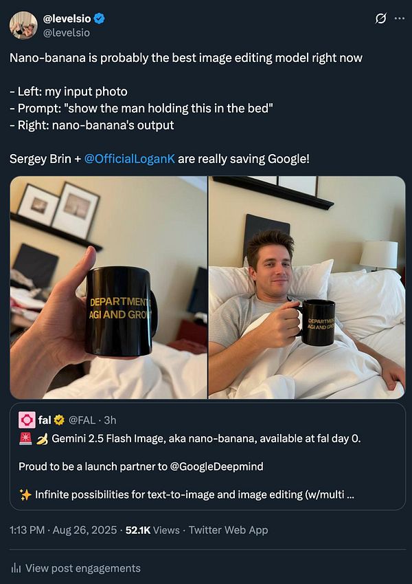 The image features a side-by-side comparison of an input photo and an edited output using the Nano Banana image editing model.