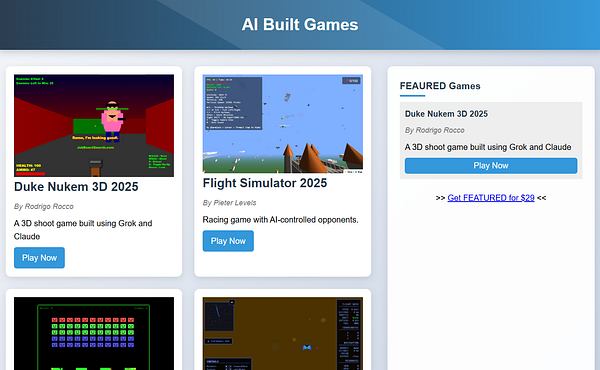The image displays a webpage featuring various games developed by AI Built Games.