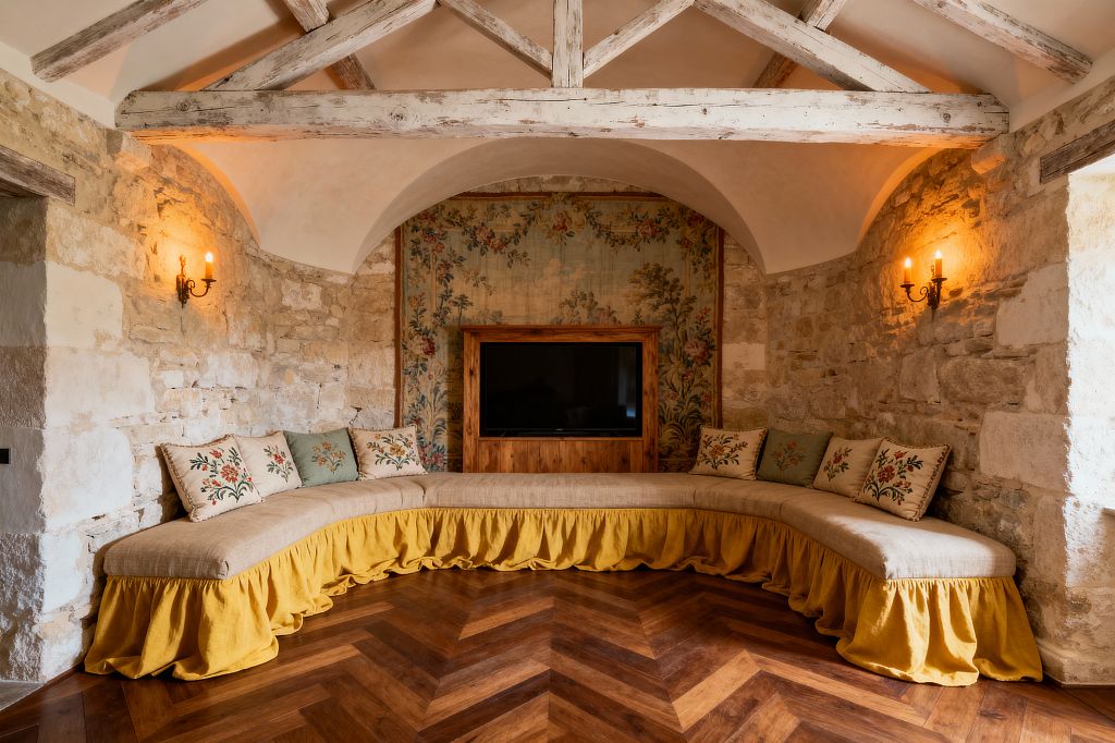 A French Country media room with rustic stone walls features a curved built-in banquette upholstered in natural linen with a mustard-yellow skirt. A floral tapestry frames a wood-trimmed television in an arched niche, with embroidered cream and sage pillows along the seat. Whitewashed timber trusses and a shallow plaster vault span above, while warm herringbone wood flooring and wrought-iron candle sconces create soft, amber light.