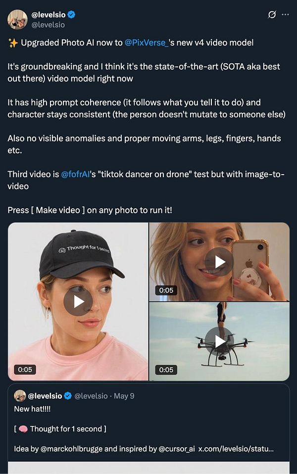 The image features a Twitter post showcasing the upgraded Pixverse v4 video model with multiple video previews.