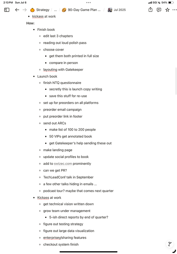 The image displays a detailed task list for quarter planning, focusing on book completion and launch strategies.