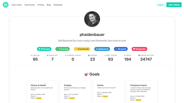 The image displays a user profile from the Lifelog platform, showcasing various statistics and goals of the user 'phaidenbauer'.