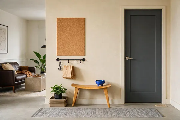 A modern entryway with a dark gray paneled door, a cork board mounted on a cream wall, and a black wall rail with hooks holding a small bag. A light wood bench sits below with a blue bowl, while stacked trays and a potted plant rest on the floor beside it. A textured gray runner covers the concrete floor, and an adjacent living area is visible to the left.