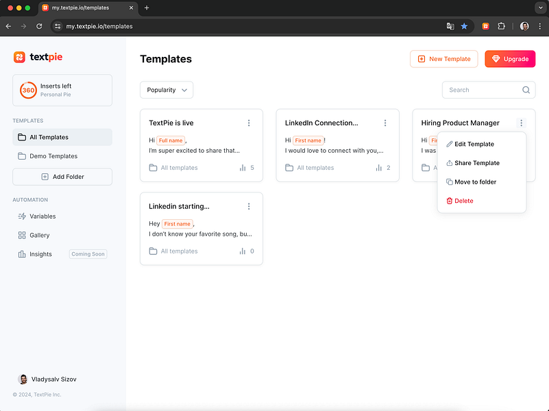 TextPie: Create and Insert Templates