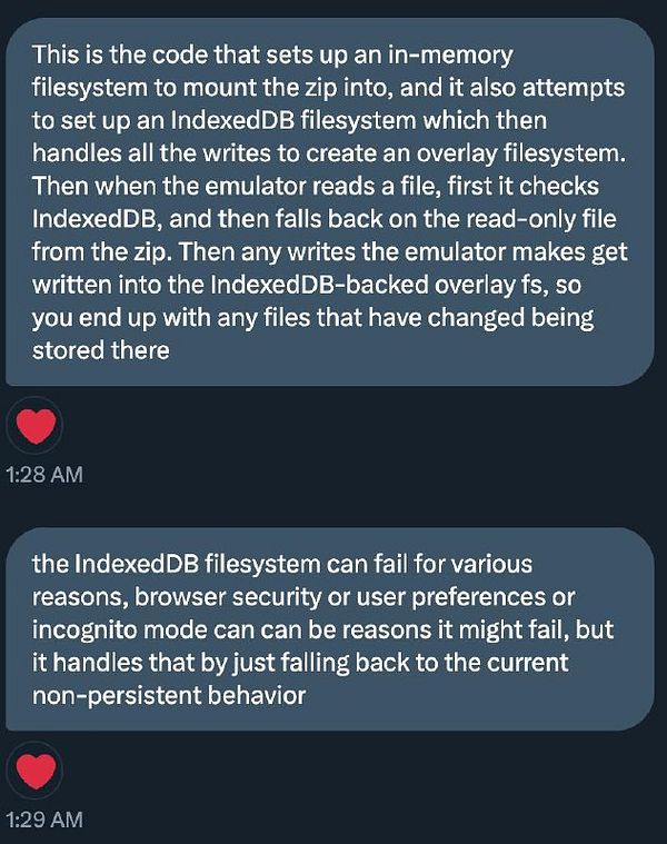 The image contains a detailed explanation of code related to an in-memory filesystem and IndexedDB for managing file changes.