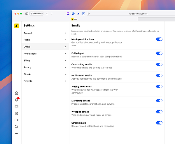 The image displays the email settings interface for a user account on the WIP platform.