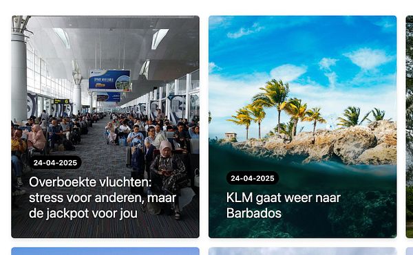 The image features two blog post previews related to travel, one depicting a crowded airport and the other showcasing a tropical beach scene.