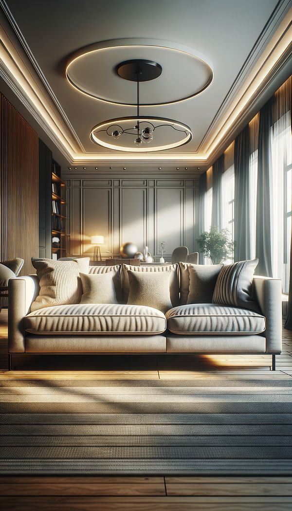 A stylish living room featuring a sofa with semi-attached back cushions in a cozy, well-lit setting.