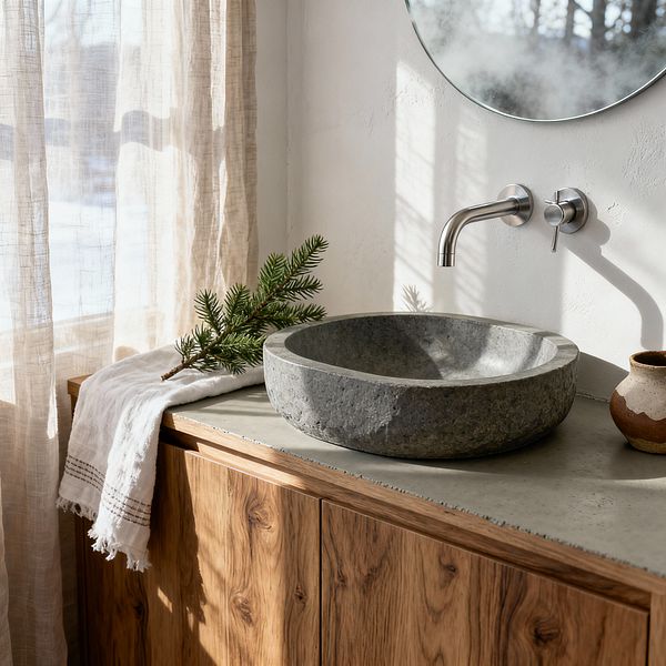 A Scandinavian bathroom vignette with a gray stone vessel sink on a smooth concrete countertop set atop a natural oak vanity. A wall-mounted brushed stainless steel faucet is fixed to a white plaster wall beneath a round mirror, while sunlight filters through sheer beige linen curtains, casting soft shadows; a fringed white hand towel and an evergreen sprig rest beside a small two-tone ceramic cup.