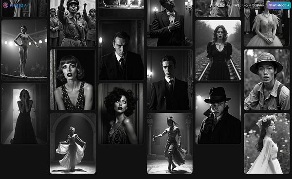 A collage of black-and-white portraits featuring various characters and scenes reminiscent of silent films.