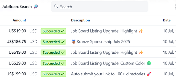 A sales report from JobBoardSearch showing successful transactions.