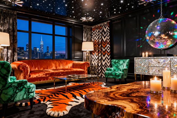 A glamorous living room features a star-studded glossy black ceiling and a nighttime city view through large windows. An orange velvet sofa faces a brass-and-glass coffee table atop a tiger-pattern rug, flanked by two emerald malachite-print chairs; black paneled walls, zigzag and crushed-velvet curtains, a hanging mirrored disco ball, and a shell-inlay sideboard with candles add layered shine, while a live-edge burl wood table and warm brass lamps ground the scene.