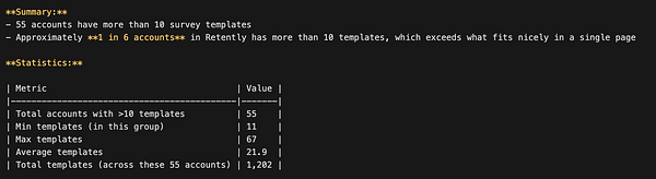 The image displays a summary and statistics related to survey templates in Retently.