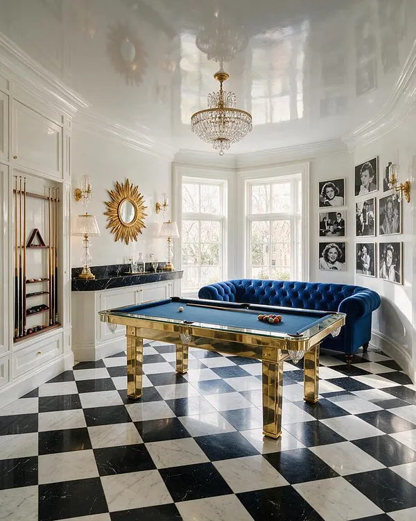 A bright Hollywood Regency game room with a gold-framed pool table centered on a black-and-white checkerboard floor. The room features a deep blue tufted velvet sofa, a crystal chandelier, gold sunburst mirror, marble-topped cabinetry, and black-and-white portrait photos on the walls.